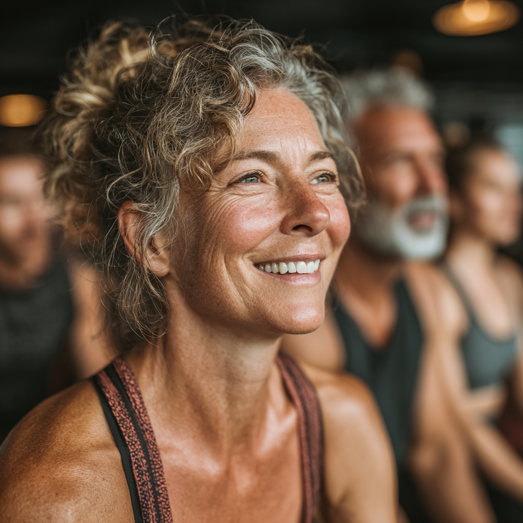 Group of diverse people aged 40-55 participating in energetic fitness class, all smiling and engaged, natural lighting in spacious gym
