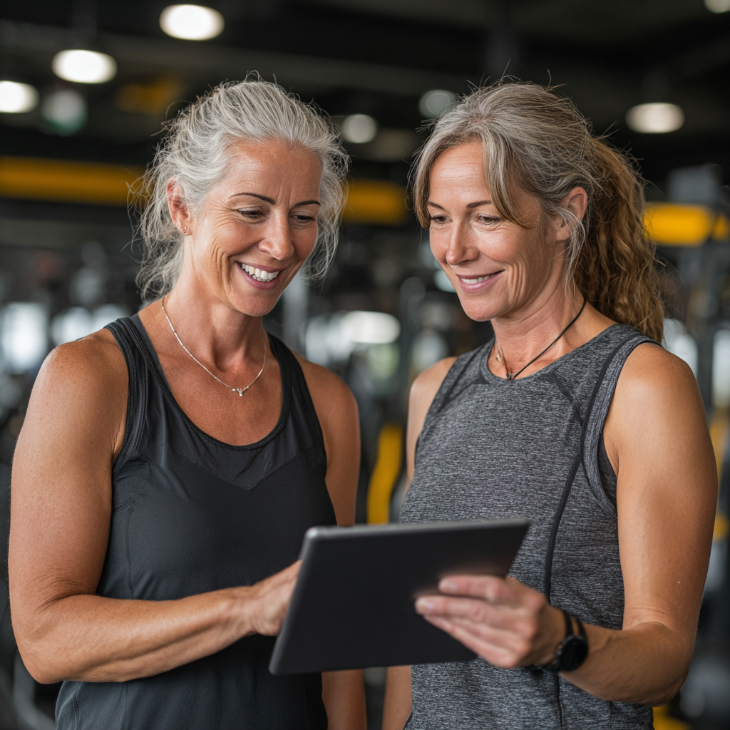 Professional female fitness trainer in her early 50s consulting with a client, showing workout plan on tablet, both smiling in bright gym environment